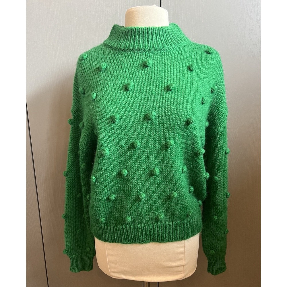 KITRI Green Mohair Wool Blend Bobble Knit Chic Cute Mock‎ Neck Sweater Women S